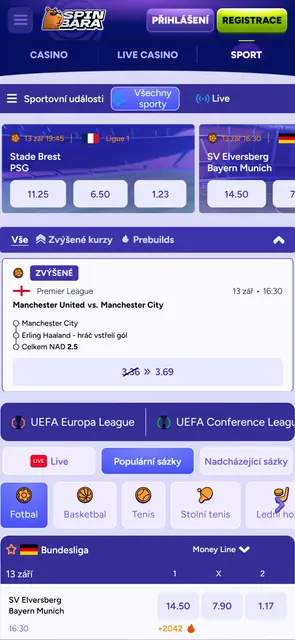 Mobilní web Spinbara, sportovní sázení s živými kurzy